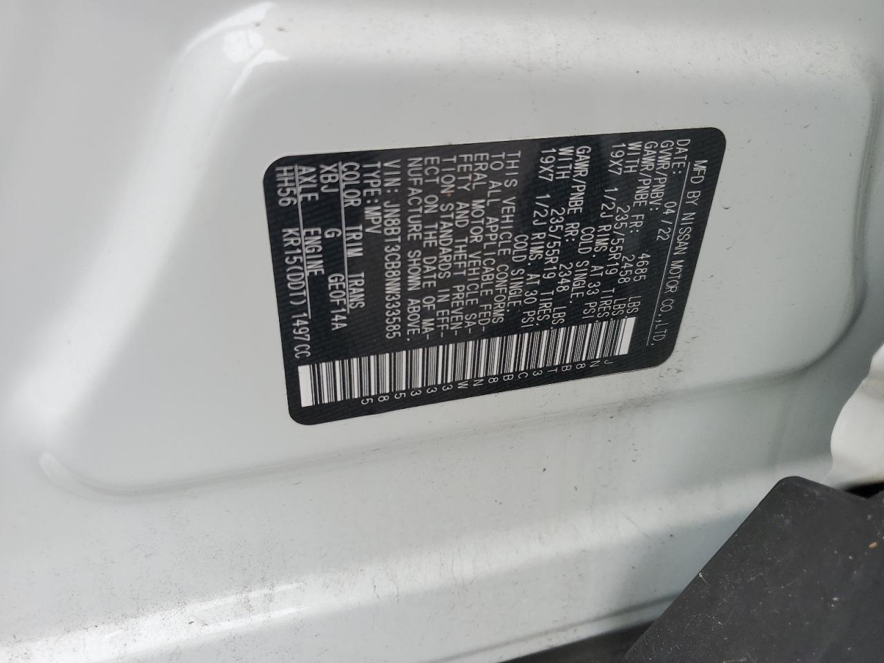 2022 NISSAN ROGUE SL VIN:JN8BT3CB8NW333585