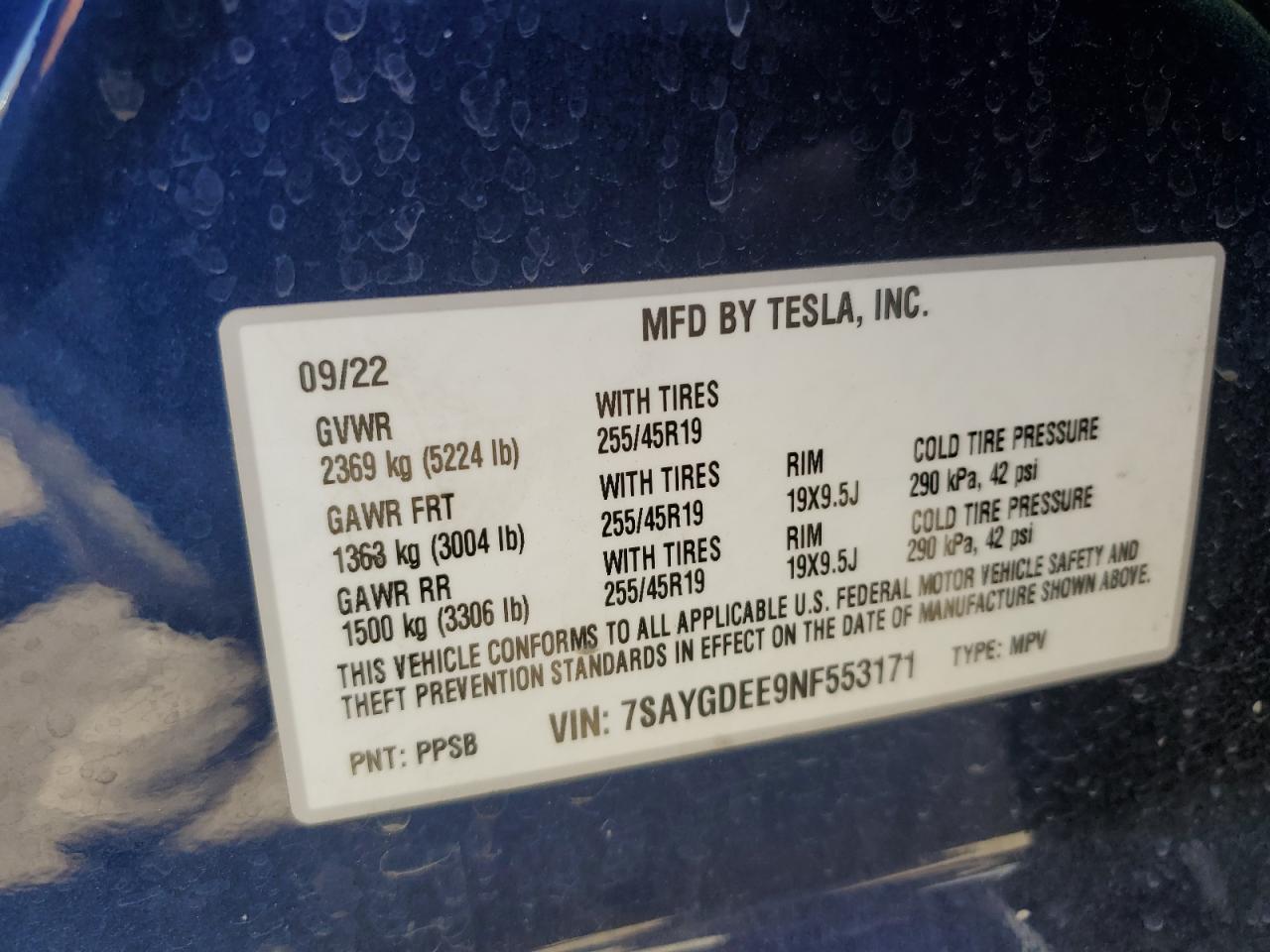 2022 TESLA MODEL Y  VIN:7SAYGDEE9NF553171