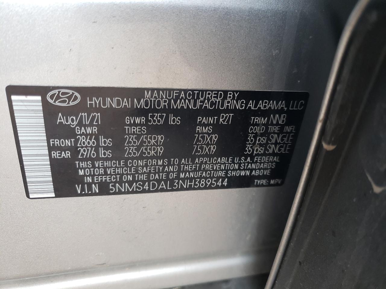 2022 HYUNDAI SANTA FE LIMITED VIN:5NMS4DAL3NH389544