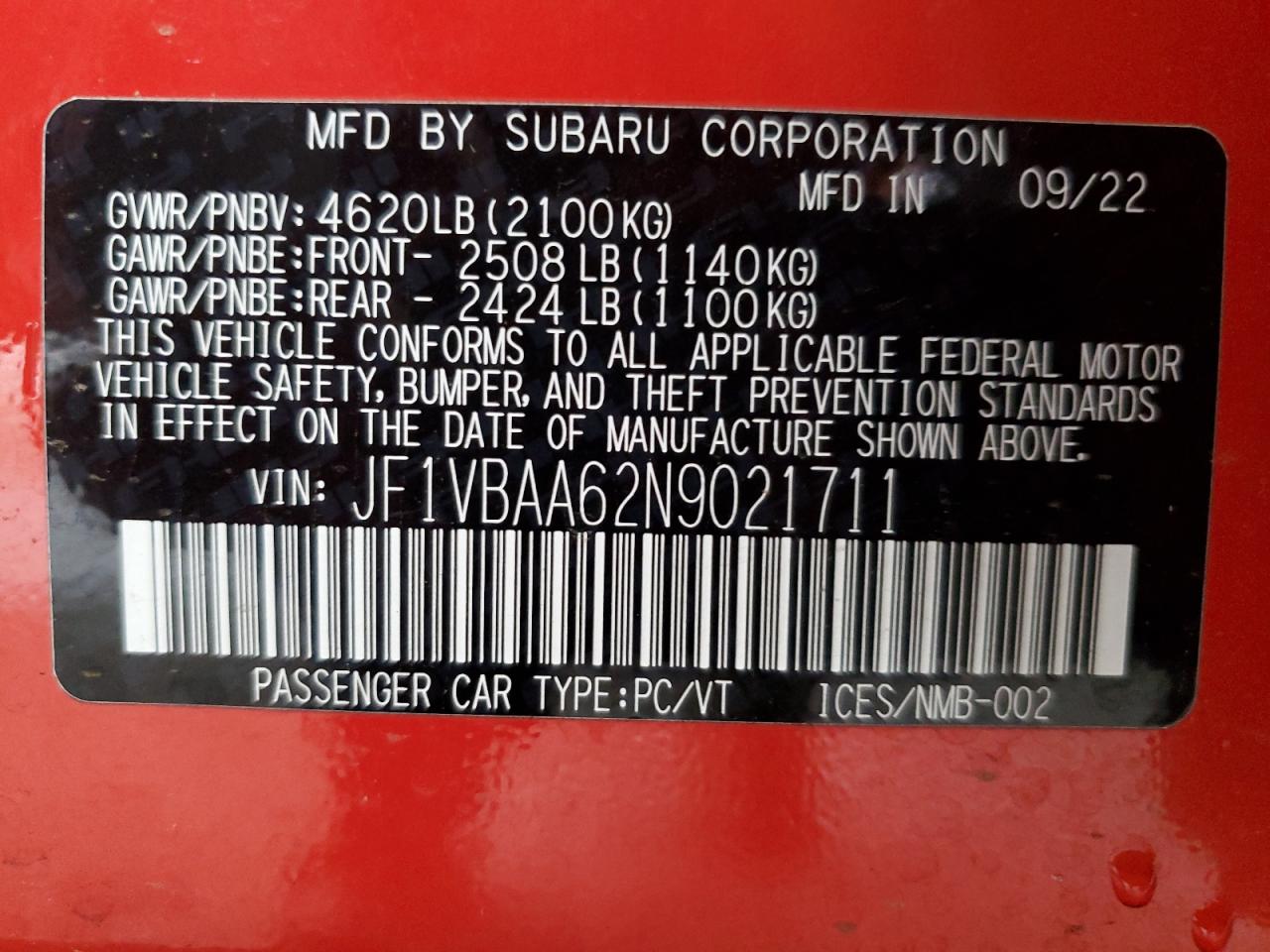 2022 SUBARU WRX  VIN:JF1VBAA62N9021711