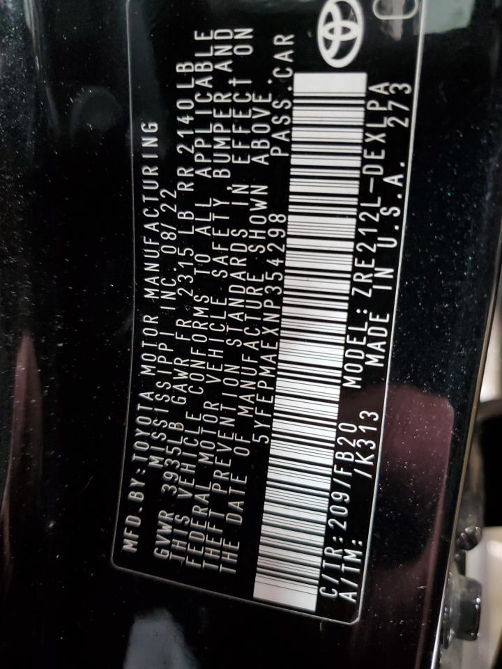 2022 TOYOTA COROLLA LE VIN:5YFEPMAEXNP354298