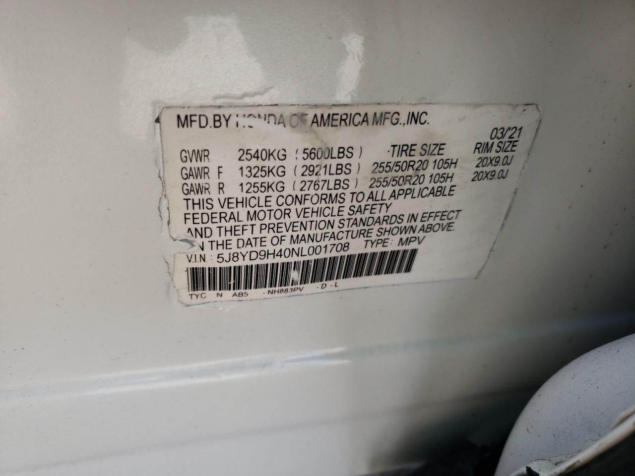 2022 ACURA MDX TECHNOLOGY VIN:5J8YD9H40NL001708