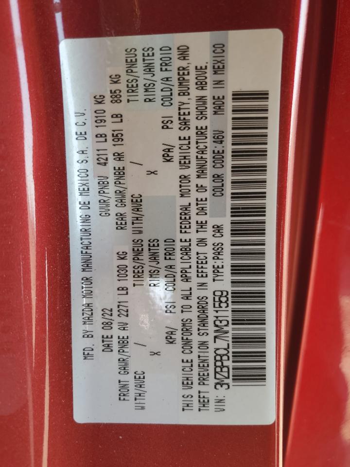 2022 MAZDA 3 PREFERRED VIN:3MZBPBCL7NM311559