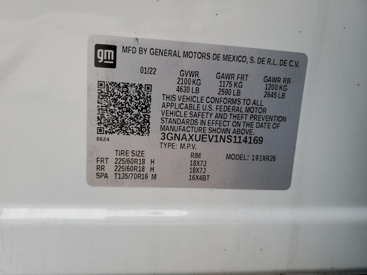 2022 CHEVROLET EQUINOX LT VIN:3GNAXUEV1NS114169 – VIN Public