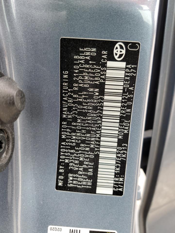 2022 TOYOTA COROLLA XLE VIN:5YFFPMAE5NP277523