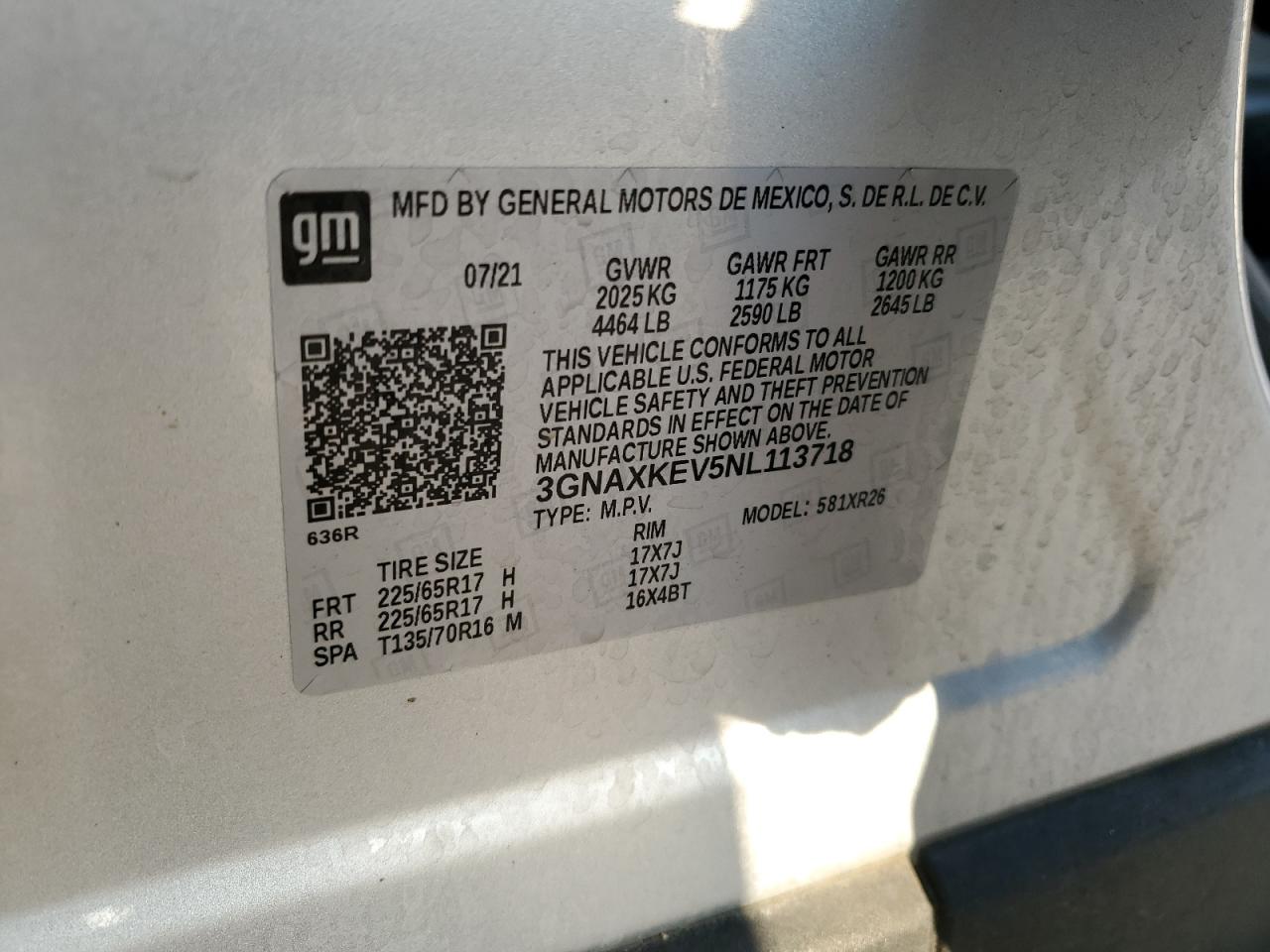 2022 CHEVROLET EQUINOX LT VIN:3GNAXKEV5NL113718