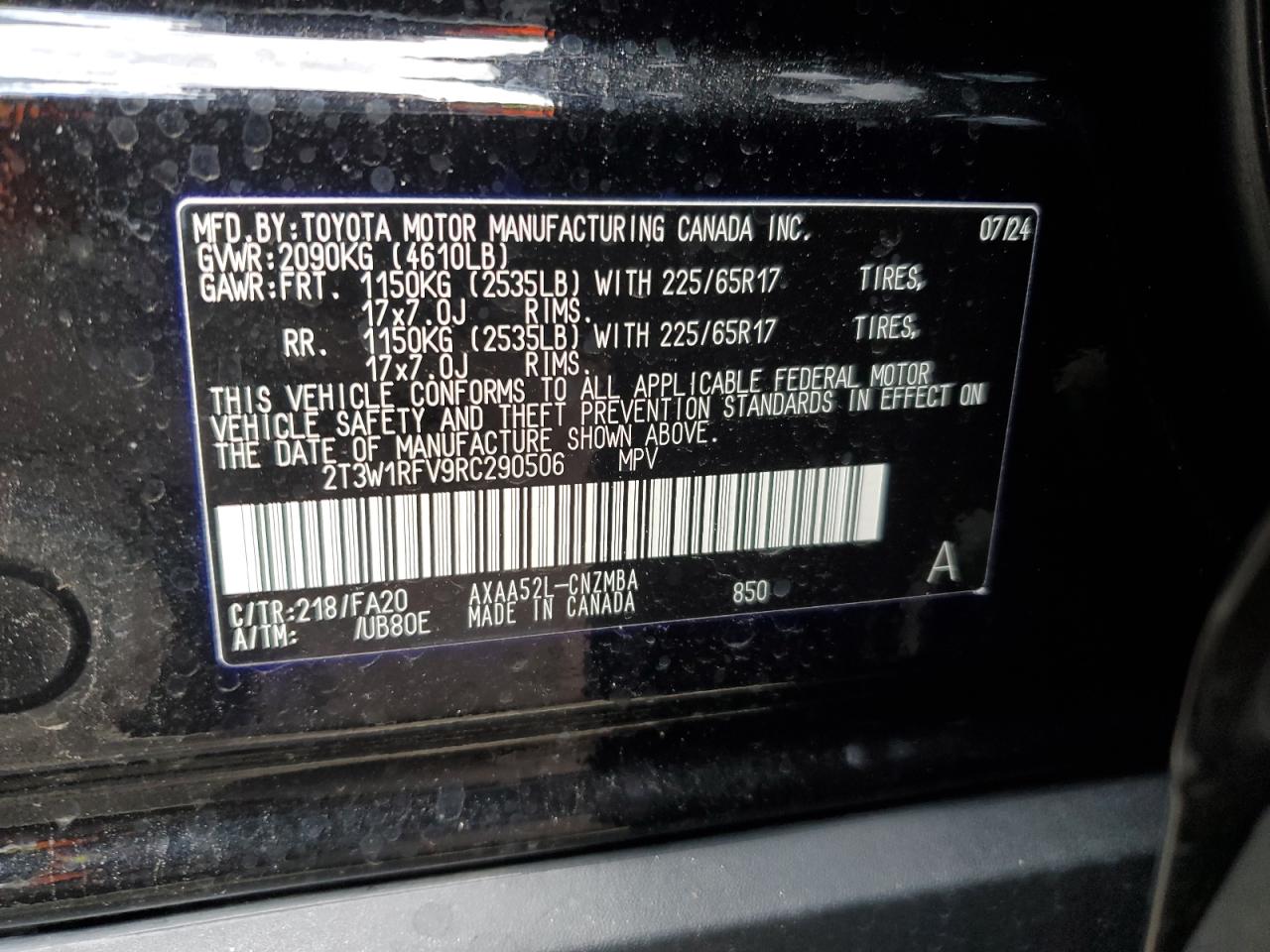 2024 TOYOTA RAV4 XLE VIN:2T3W1RFV9RC290506