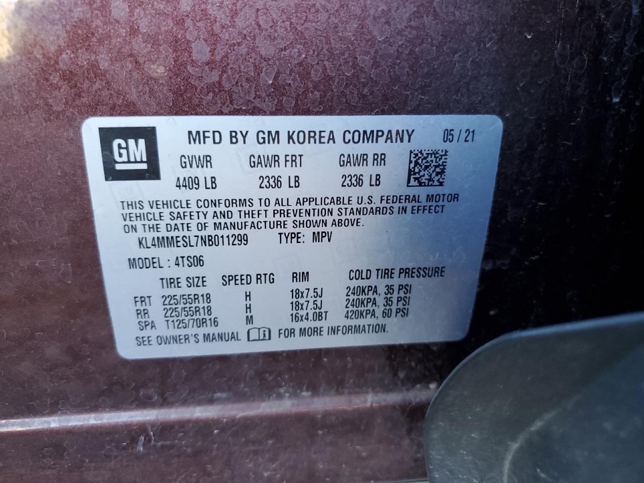 2022 BUICK ENCORE GX SELECT VIN:KL4MMESL7NB011299