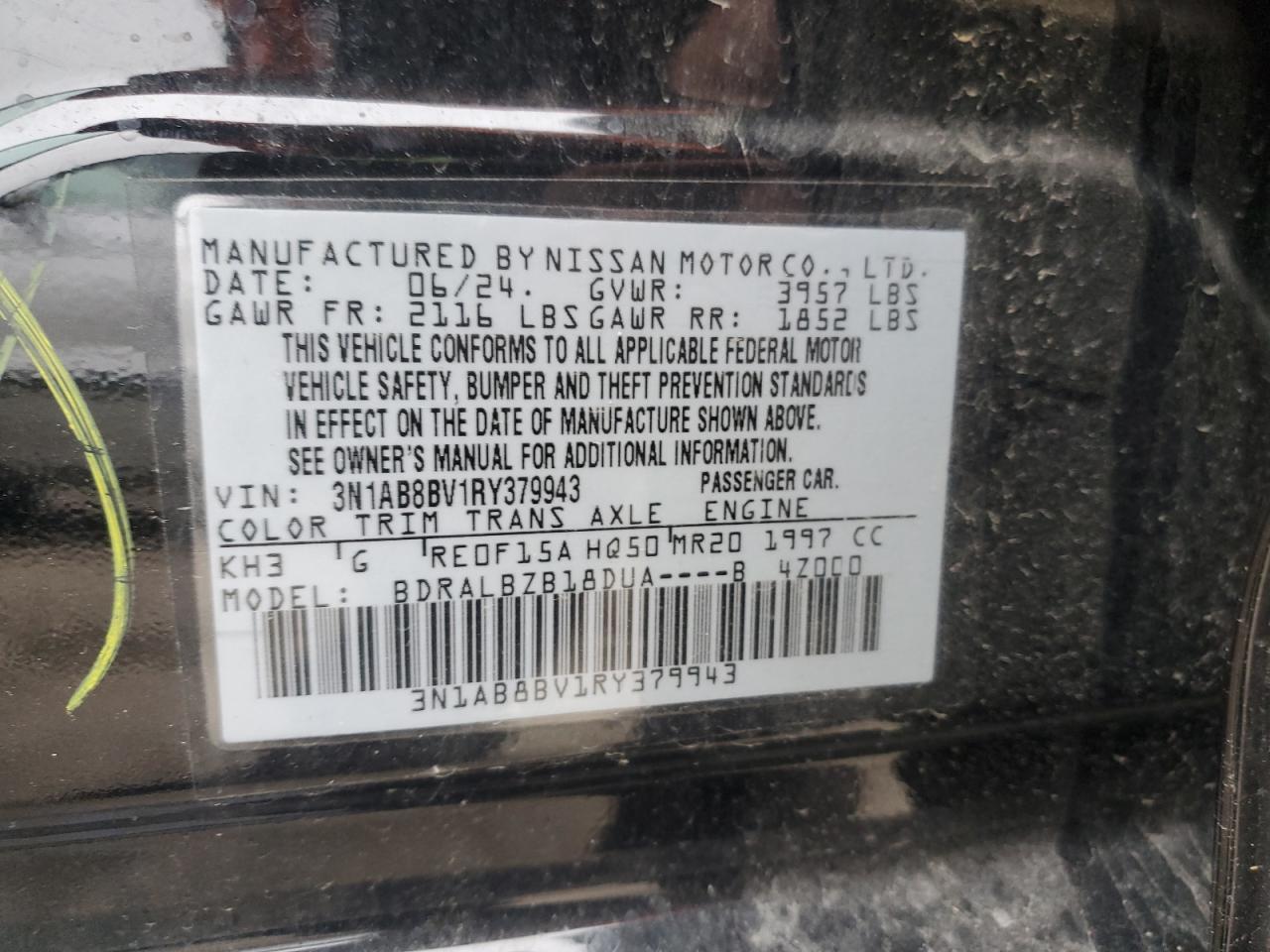 2024 NISSAN SENTRA S VIN:3N1AB8BV1RY379943