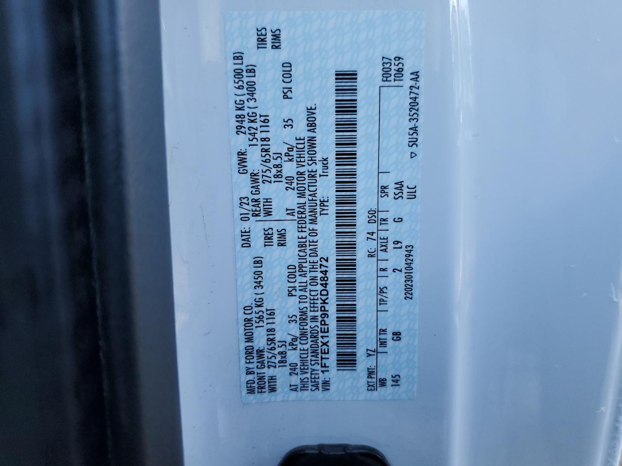 2023 FORD F150 SUPER CAB VIN:1FTEX1EP9PKD48472