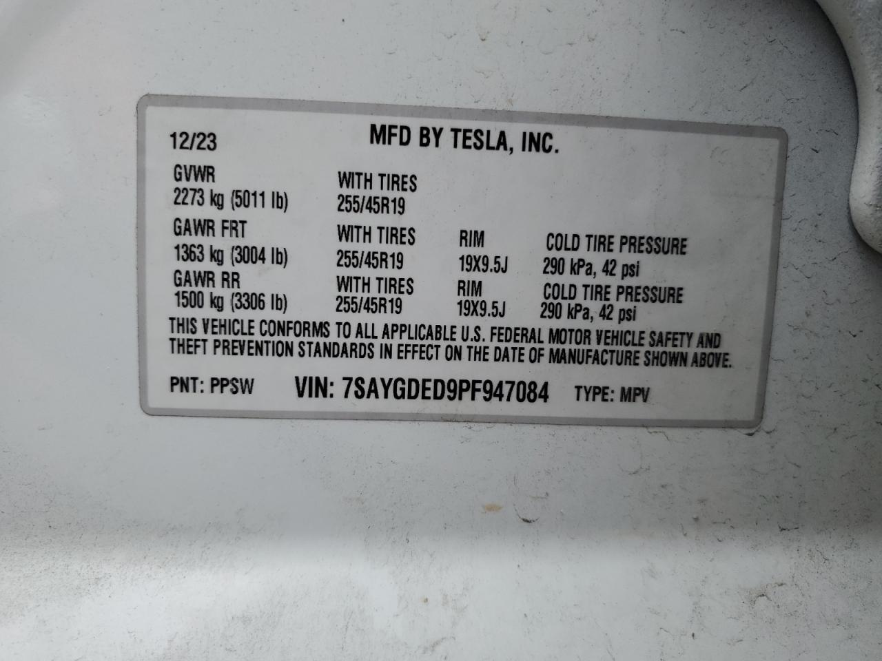 2023 TESLA MODEL Y  VIN:7SAYGDED9PF947084