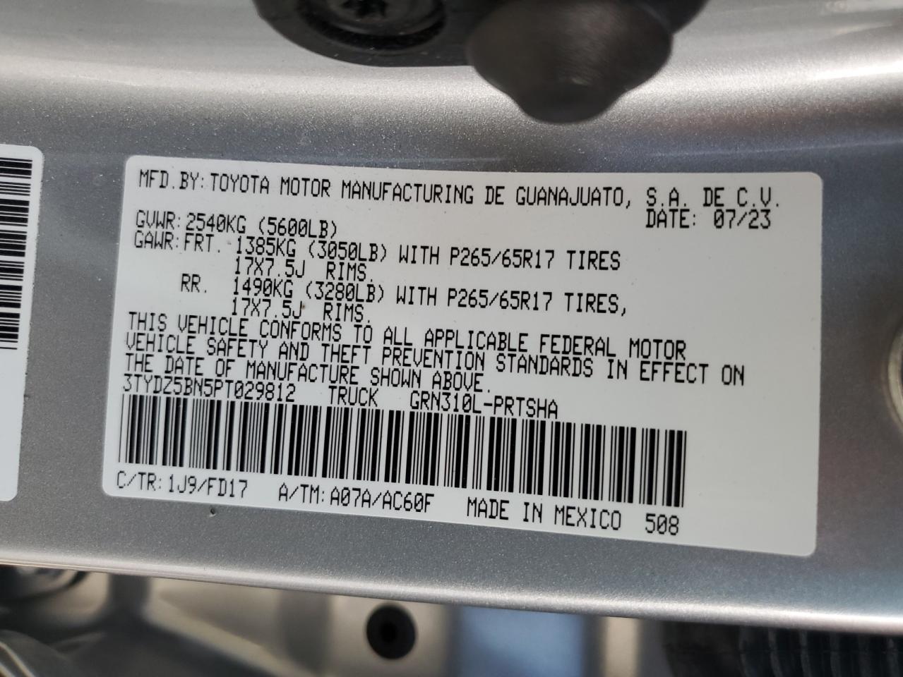 2023 TOYOTA TACOMA DOUBLE CAB VIN:3TYDZ5BN5PT029812