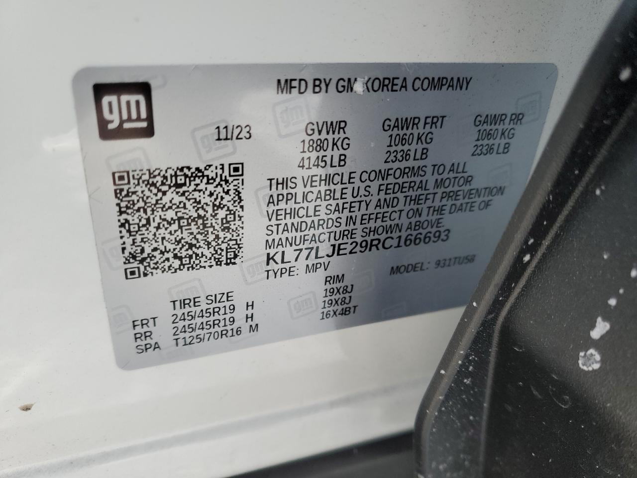 2024 CHEVROLET TRAX 2RS VIN:KL77LJE29RC166693