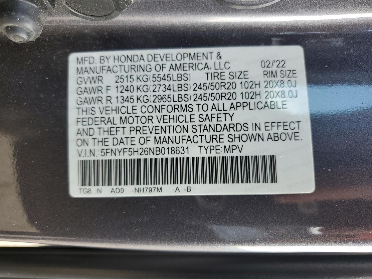 2022 HONDA PILOT SE VIN:5FNYF5H26NB018631