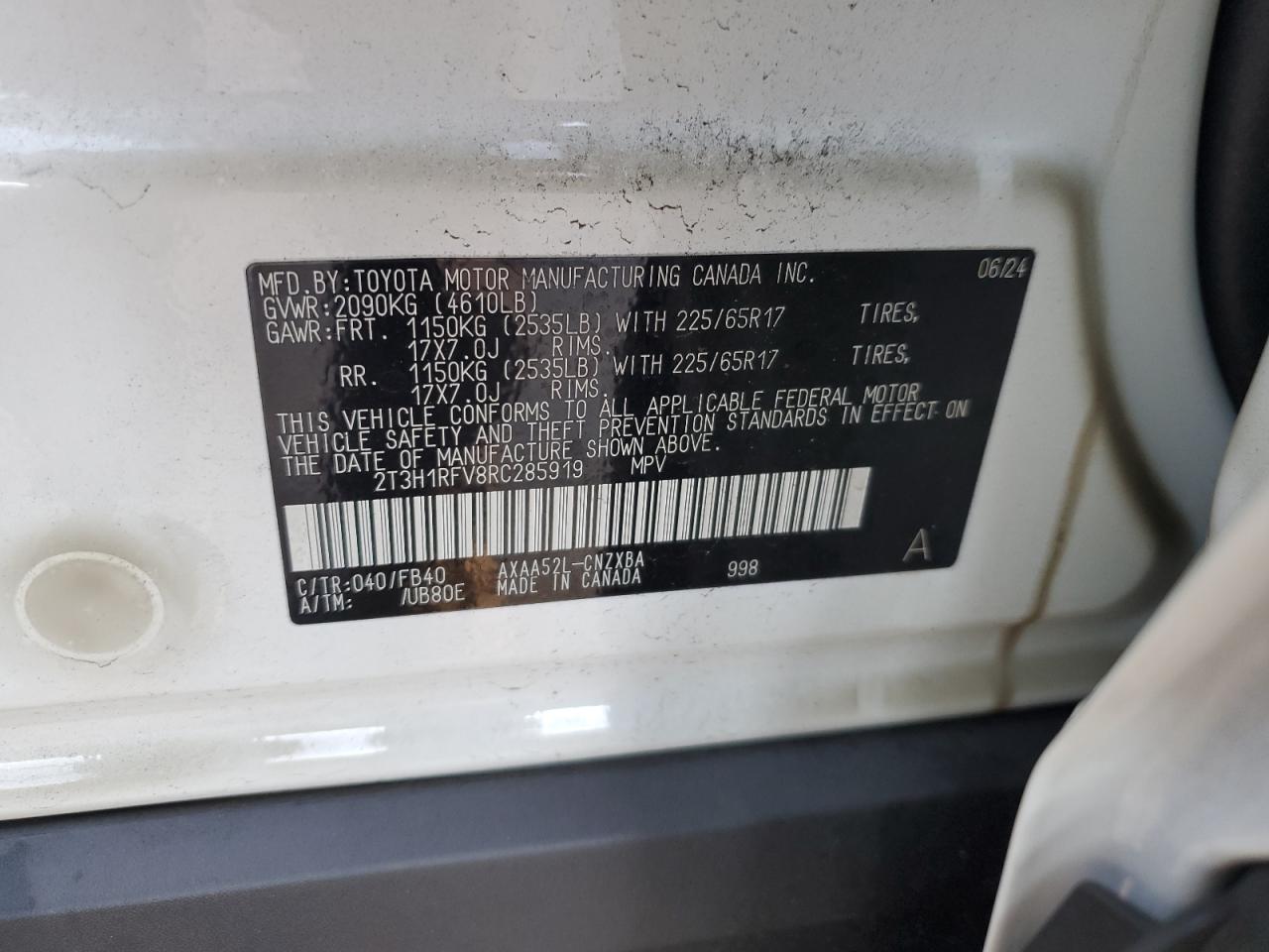 2024 TOYOTA RAV4 LE VIN:2T3H1RFV8RC285919