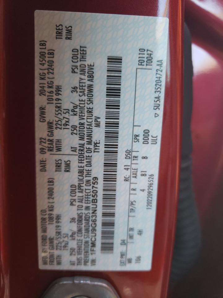 2022 FORD ESCAPE SE VIN:1FMCU9G63NUB50759