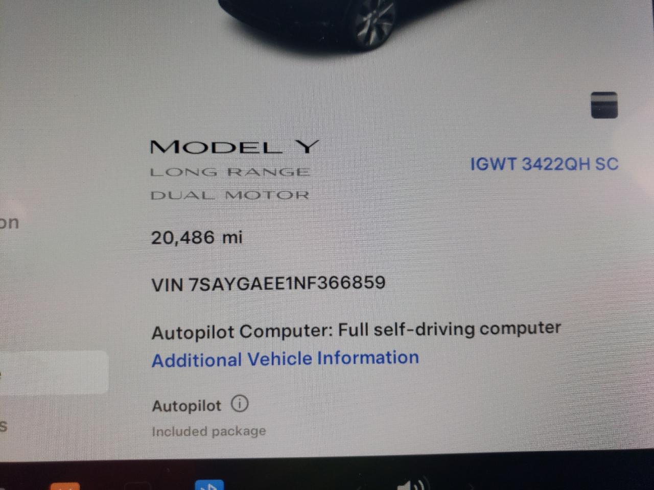 2022 TESLA MODEL Y  VIN:7SAYGAEE1NF366859