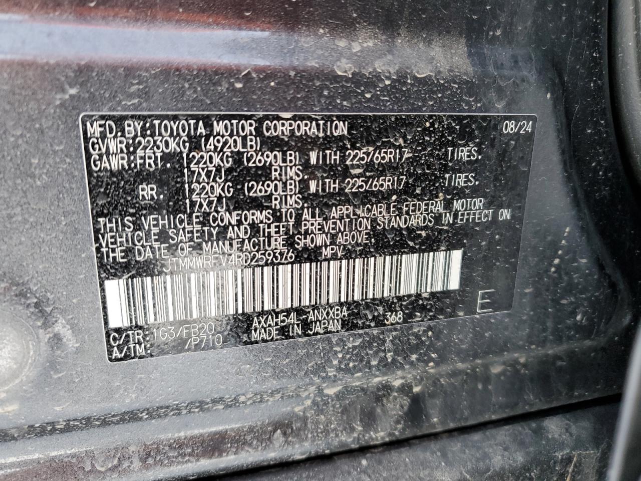 2024 TOYOTA RAV4 LE VIN:JTMMWRFV4RD259376