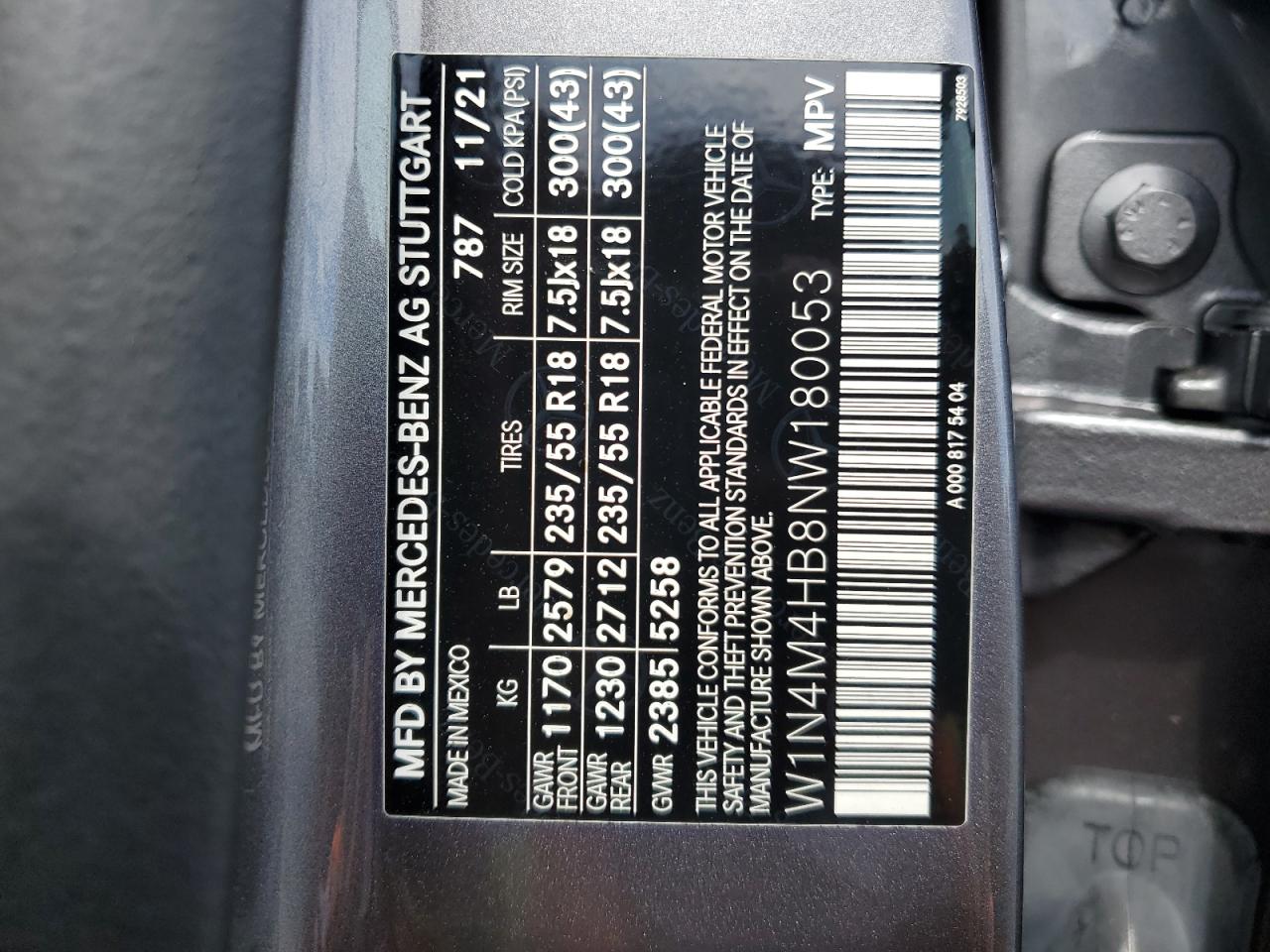 2022 MERCEDES-BENZ GLB 250 4MATIC VIN:W1N4M4HB8NW180053