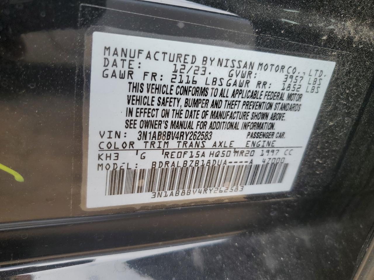 2024 NISSAN SENTRA S VIN:3N1AB8BV4RY262583