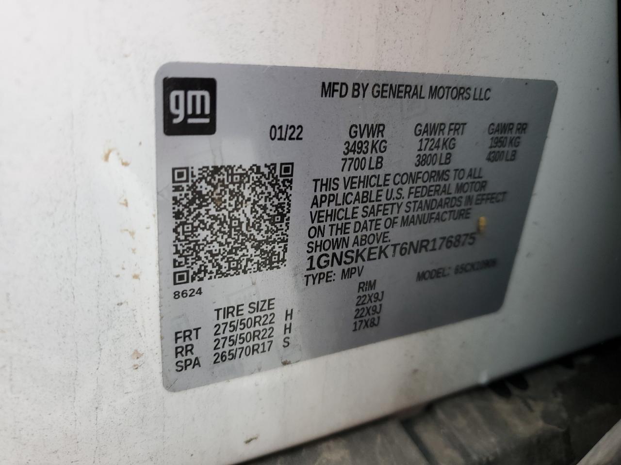 2022 CHEVROLET SUBURBAN K1500 RST VIN:1GNSKEKT6NR176875