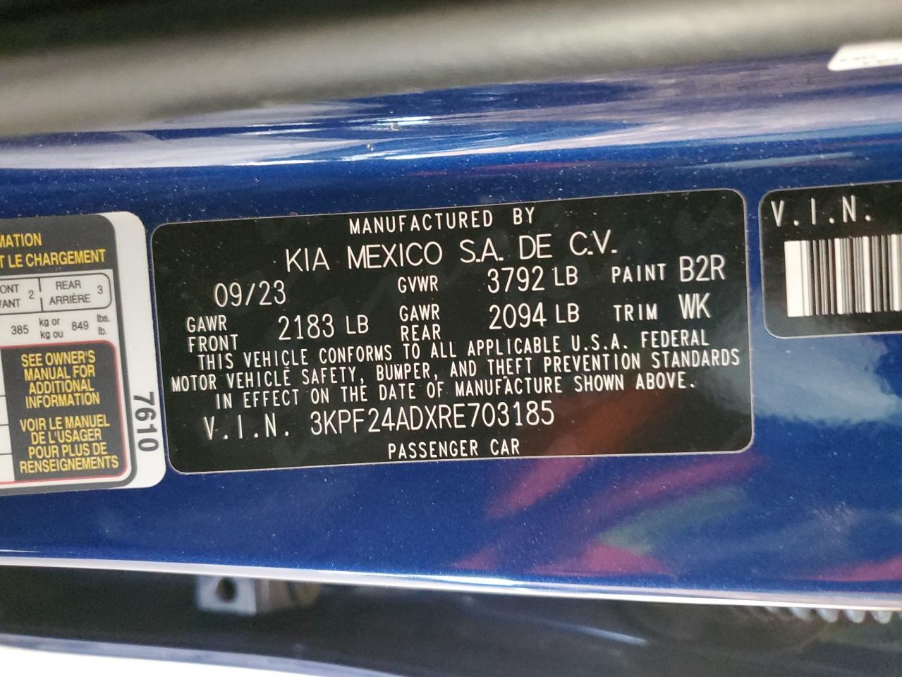 2024 KIA FORTE LX VIN:3KPF24ADXRE703185