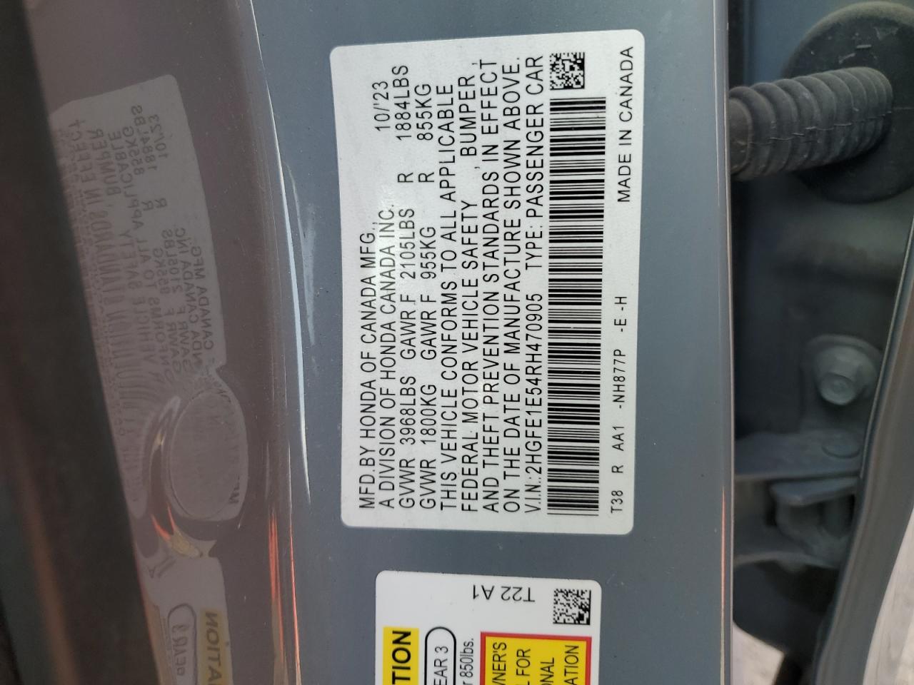 2024 HONDA CIVIC SI VIN:2HGFE1E54RH470905