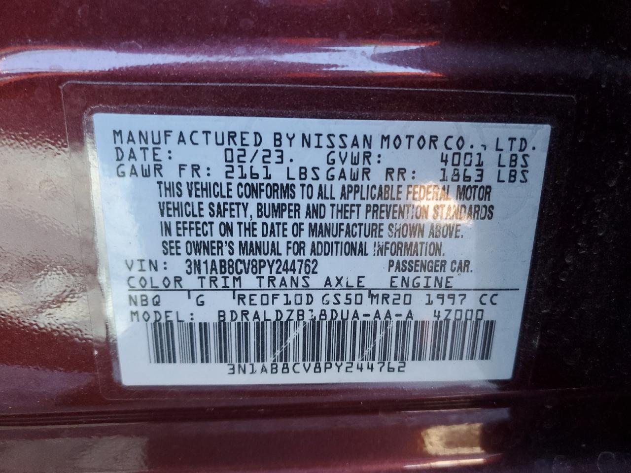 2023 NISSAN SENTRA SV VIN:3N1AB8CV8PY244762