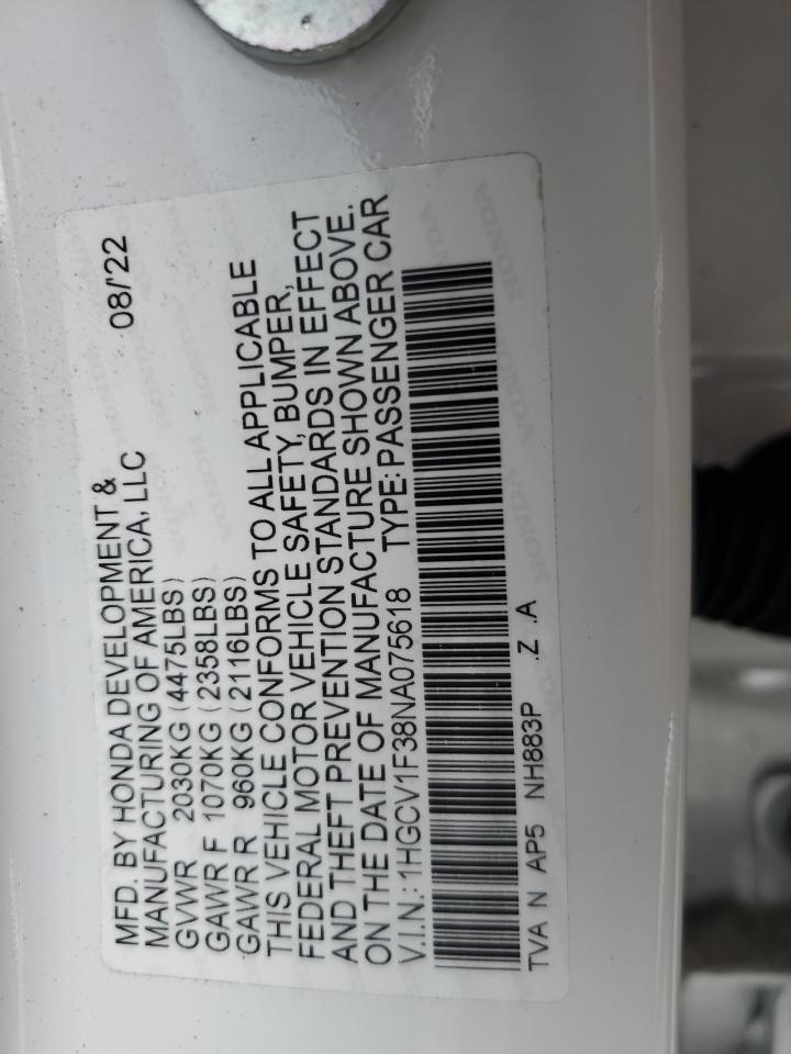 2022 HONDA ACCORD SPORT VIN:1HGCV1F38NA075618