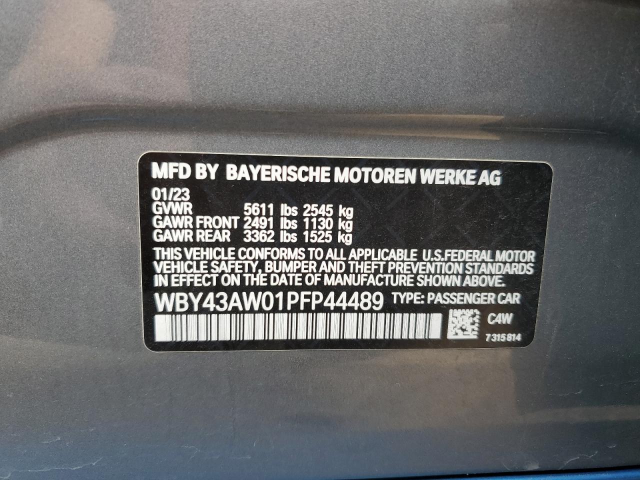 2023 BMW I4 EDRIVE 35 VIN:WBY43AW01PFP44489
