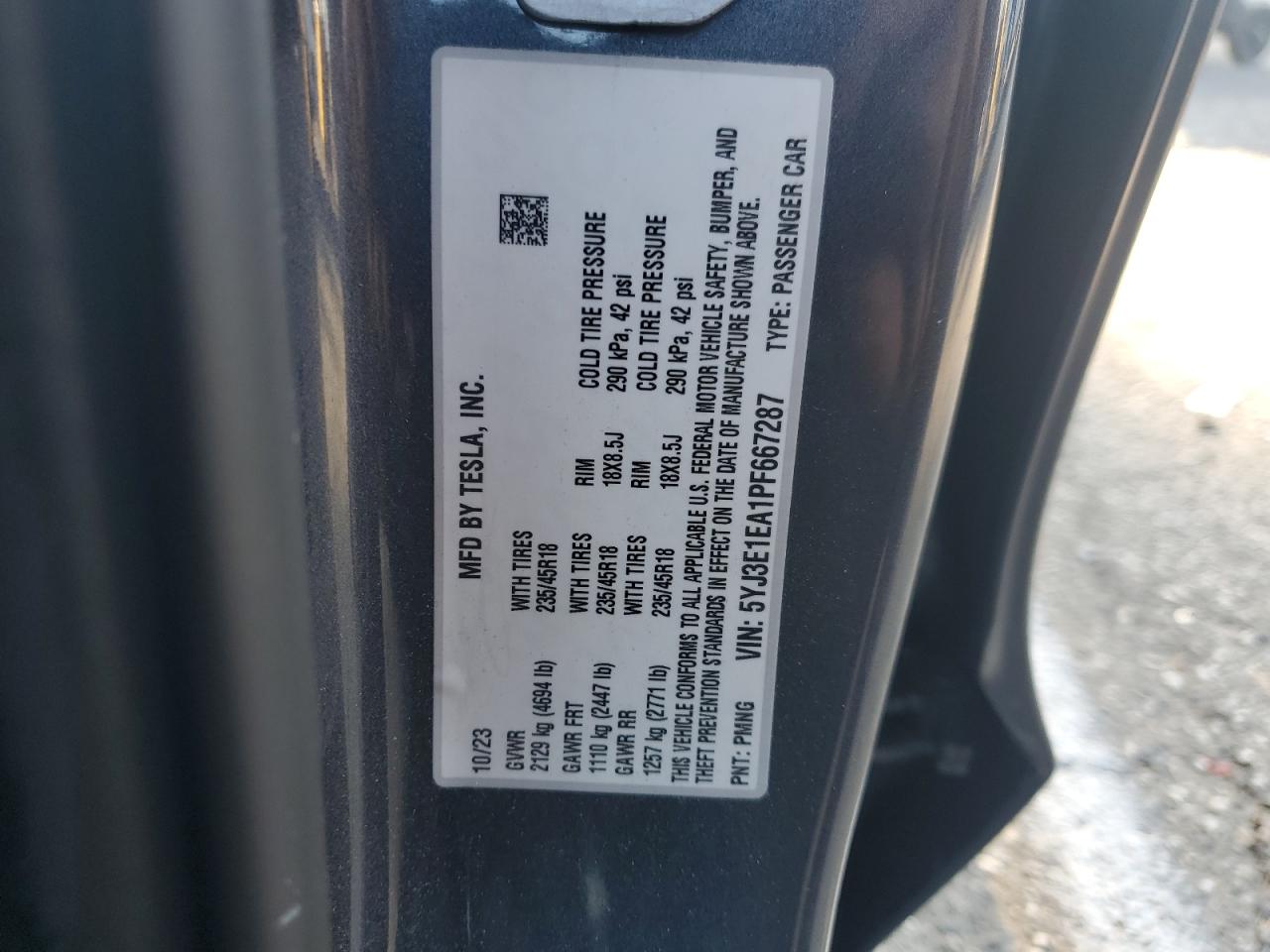 2023 TESLA MODEL 3  VIN:5YJ3E1EA1PF667287