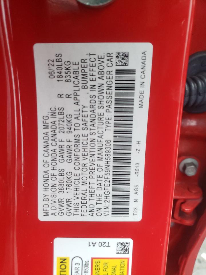 2022 HONDA CIVIC SPORT VIN:2HGFE2F59NH589306