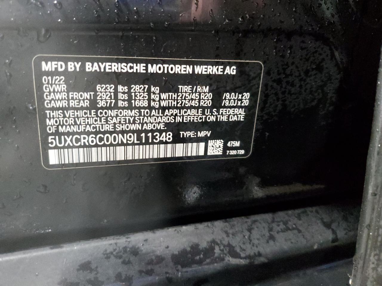 2022 BMW X5 XDRIVE40I VIN:5UXCR6C00N9L11348