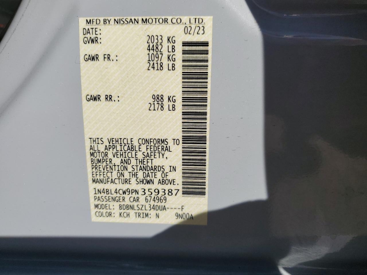 2023 NISSAN ALTIMA SR VIN:1N4BL4CW9PN359387