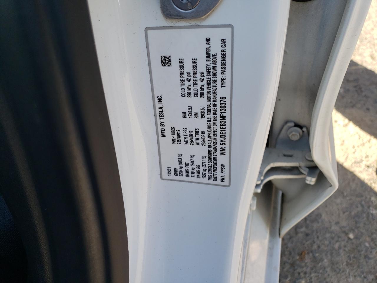 2022 TESLA MODEL 3  VIN:2HGFE1F92PH306082