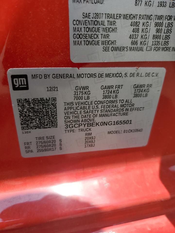 2022 CHEVROLET SILVERADO LTD K1500 CUSTOM VIN:3GCPYBEK0NG165501