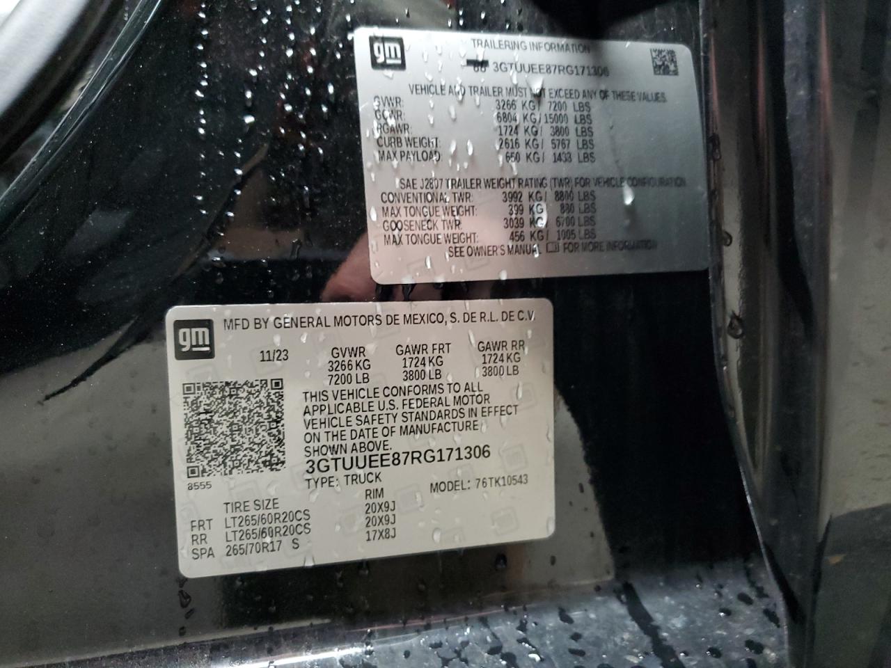 2024 GMC SIERRA K1500 AT4 VIN:3GTUUEE87RG171306
