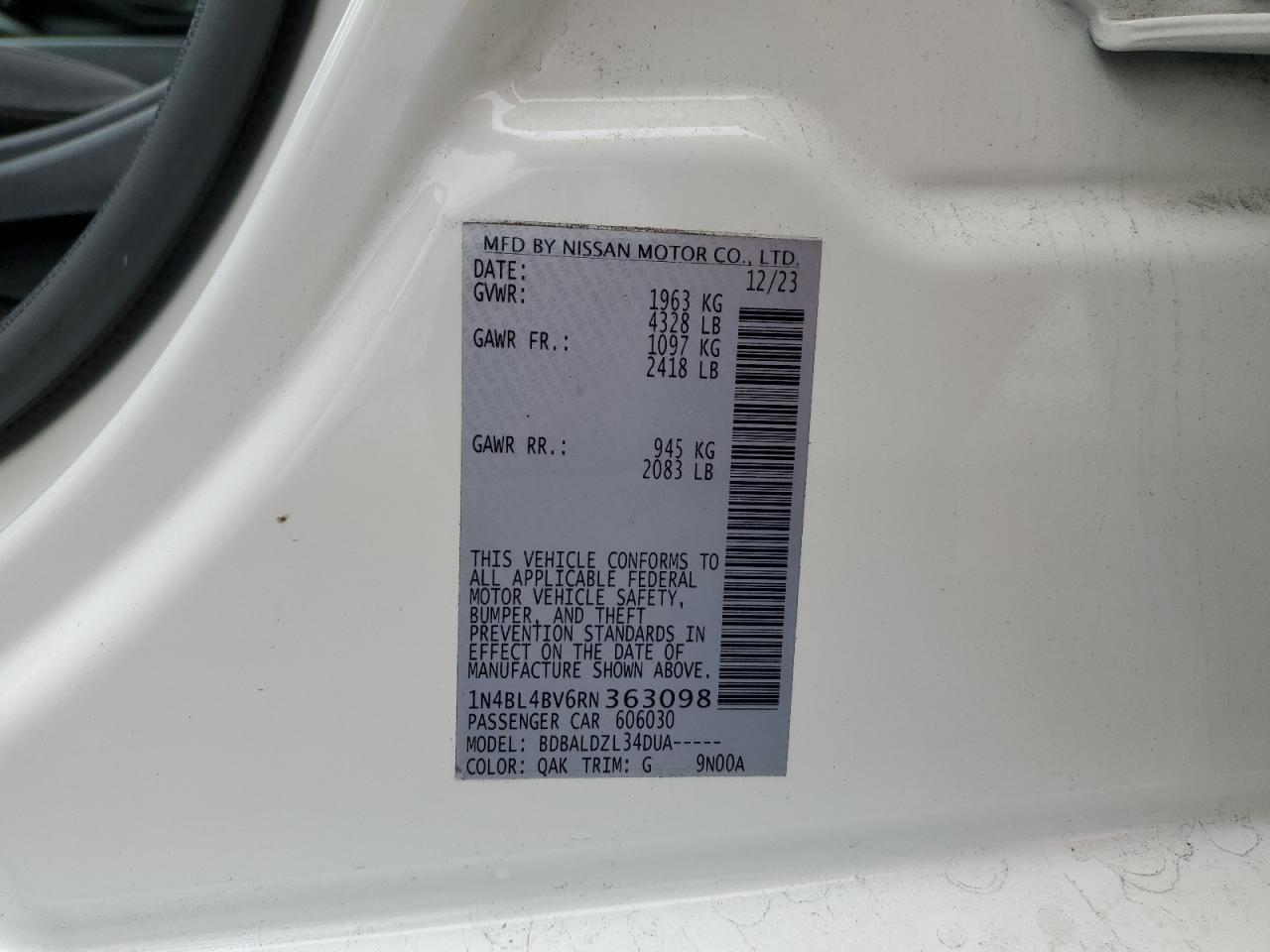 2024 NISSAN ALTIMA S VIN:1N4BL4BV6RN363098