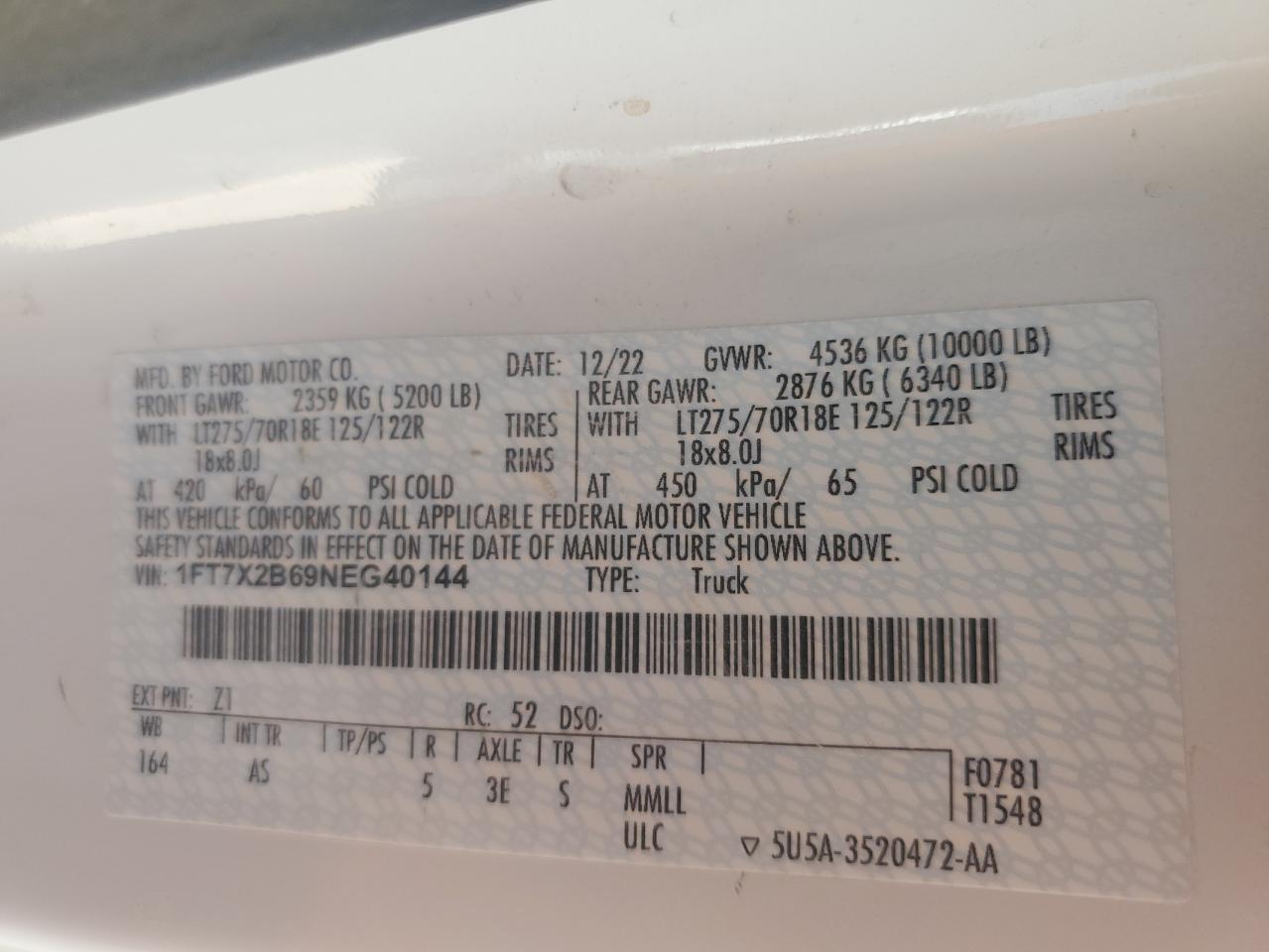 2022 FORD F250 SUPER DUTY VIN:1FT7X2B69NEG40144