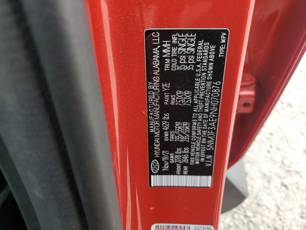 2022 HYUNDAI TUCSON SEL VIN:5NMJF3AE9NH070876