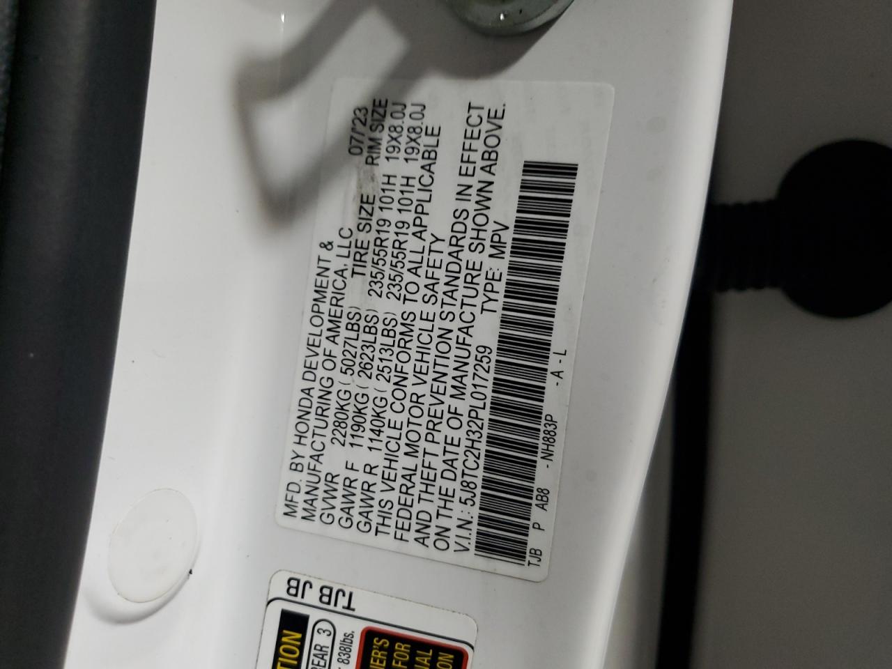 2023 ACURA RDX  VIN:5J8TC2H32PL017259