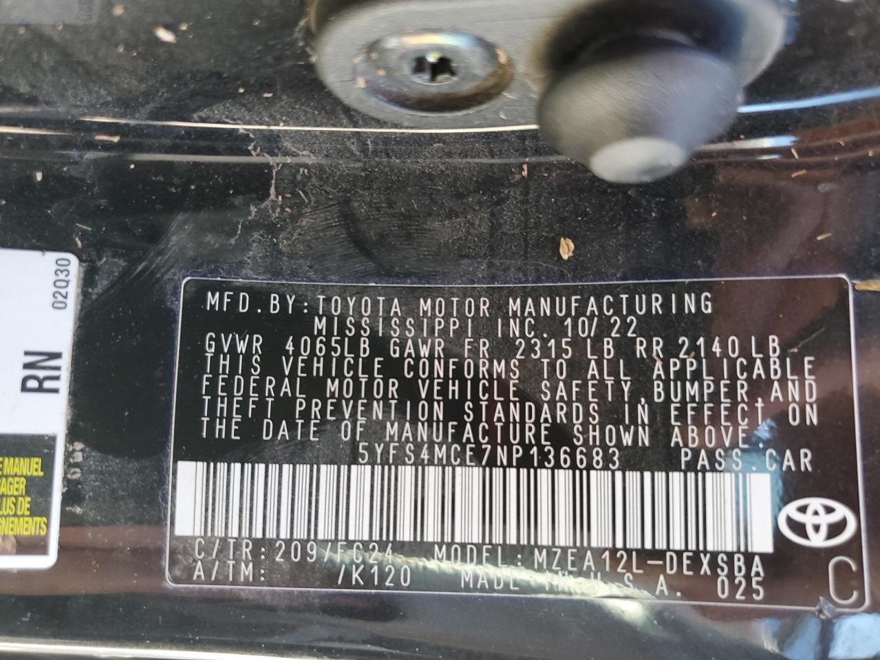 2022 TOYOTA COROLLA SE VIN:5YFS4MCE7NP136683