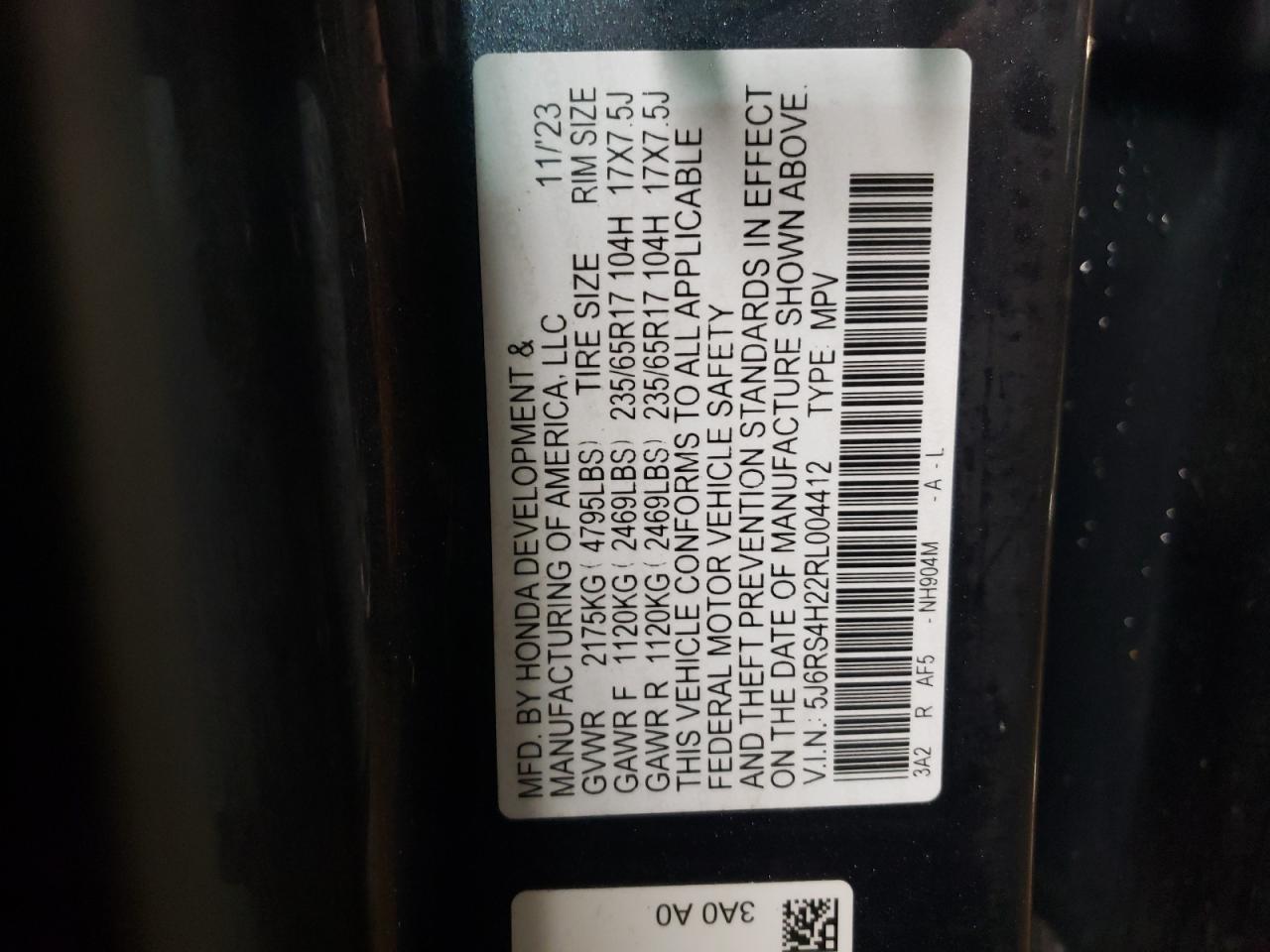 2024 HONDA CR-V LX VIN:5J6RS4H22RL004412