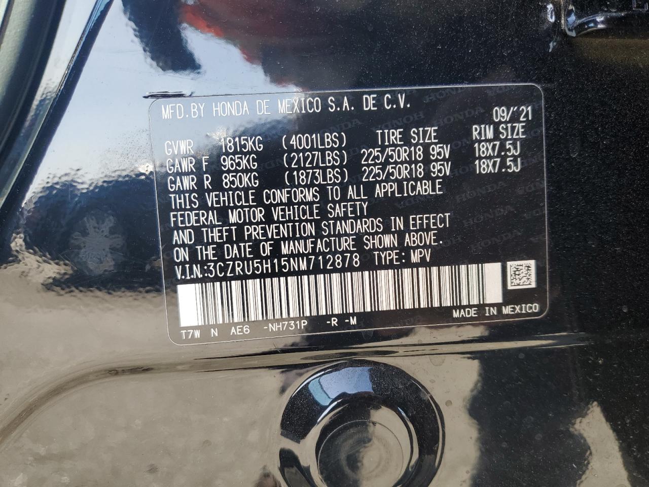 2022 HONDA HR-V SPORT VIN:3CZRU5H15NM712878