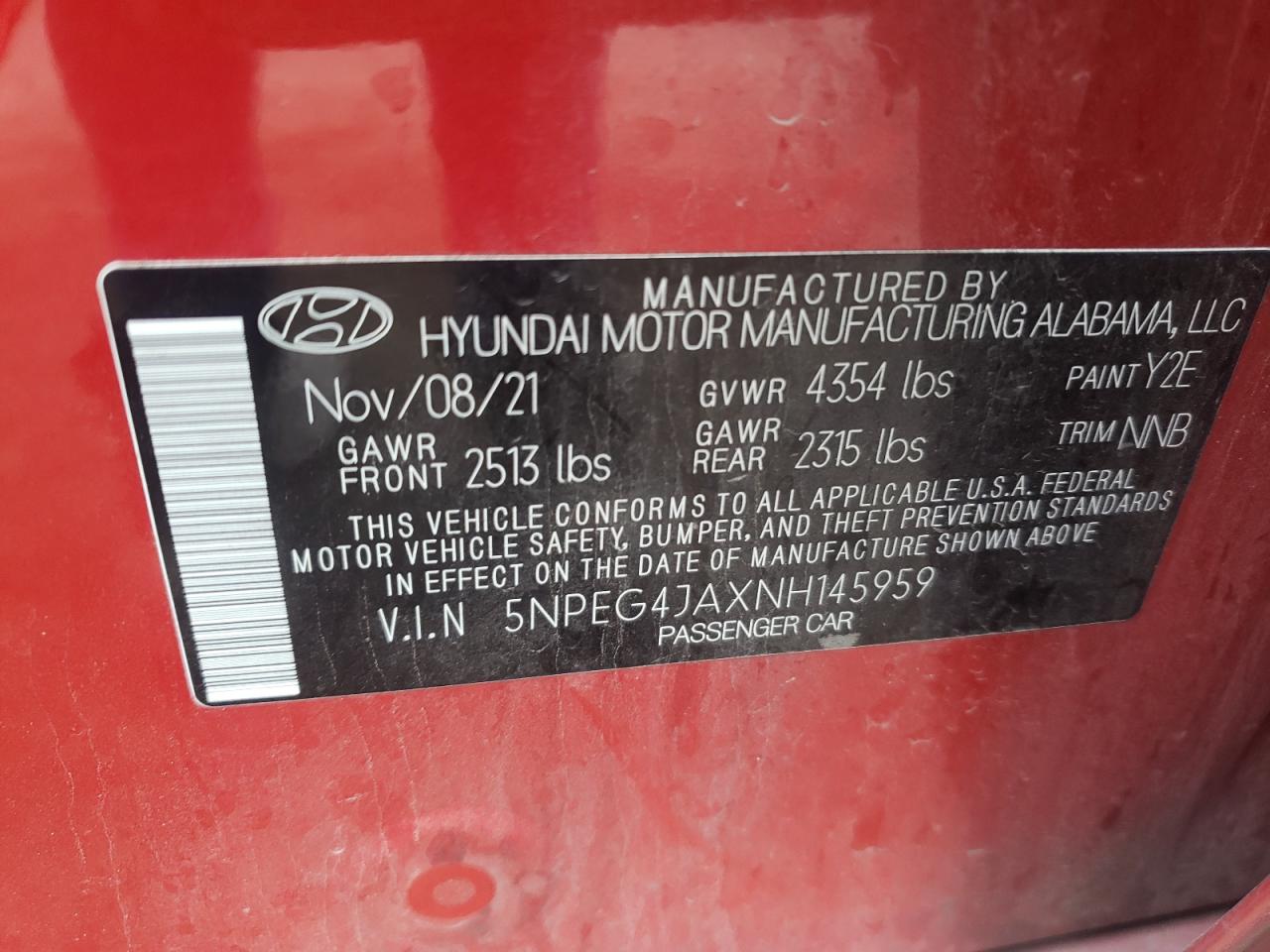 2022 HYUNDAI SONATA SE VIN:5NPEG4JAXNH145959