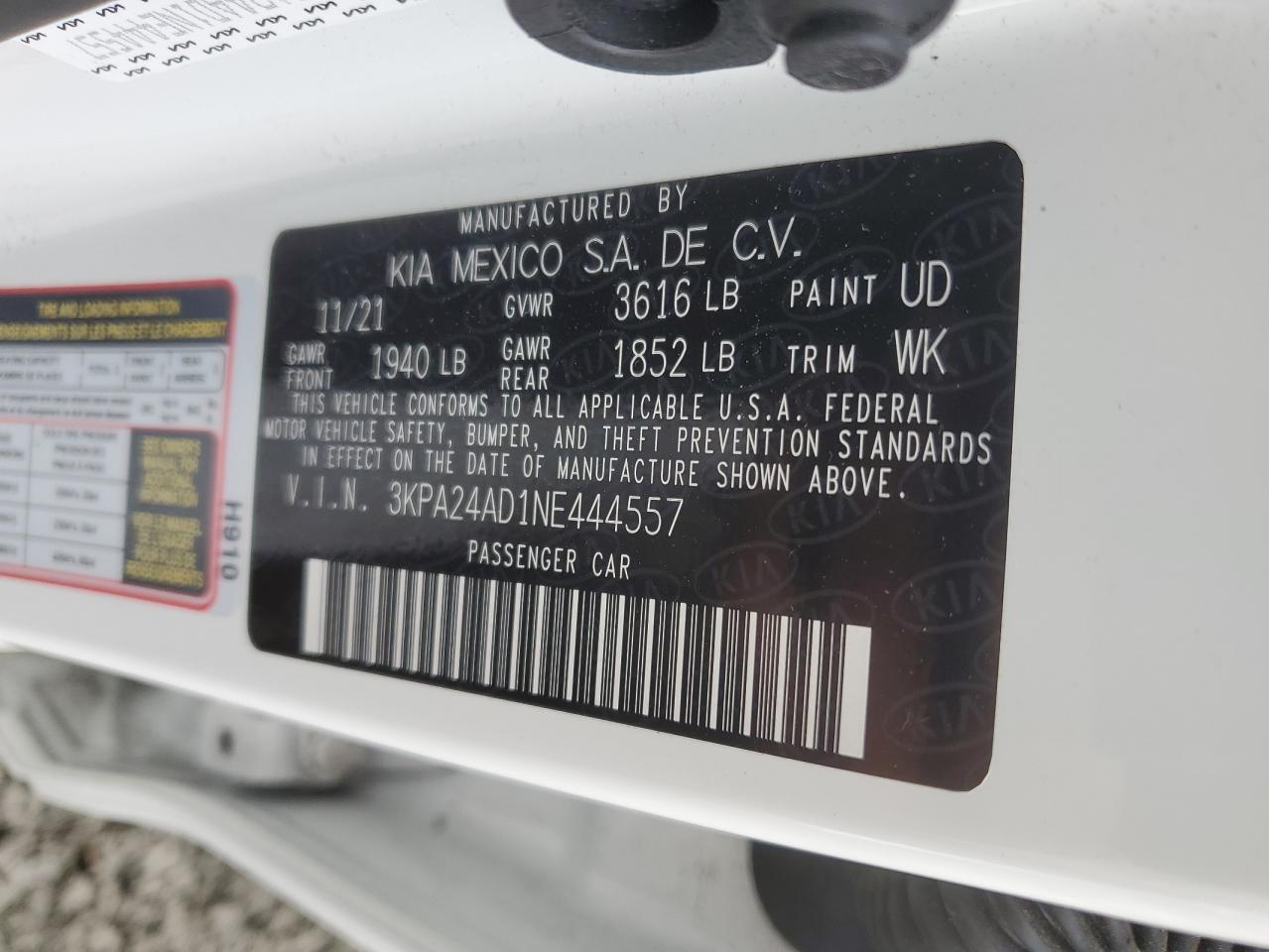 2022 KIA RIO LX VIN:3KPA24AD1NE444557