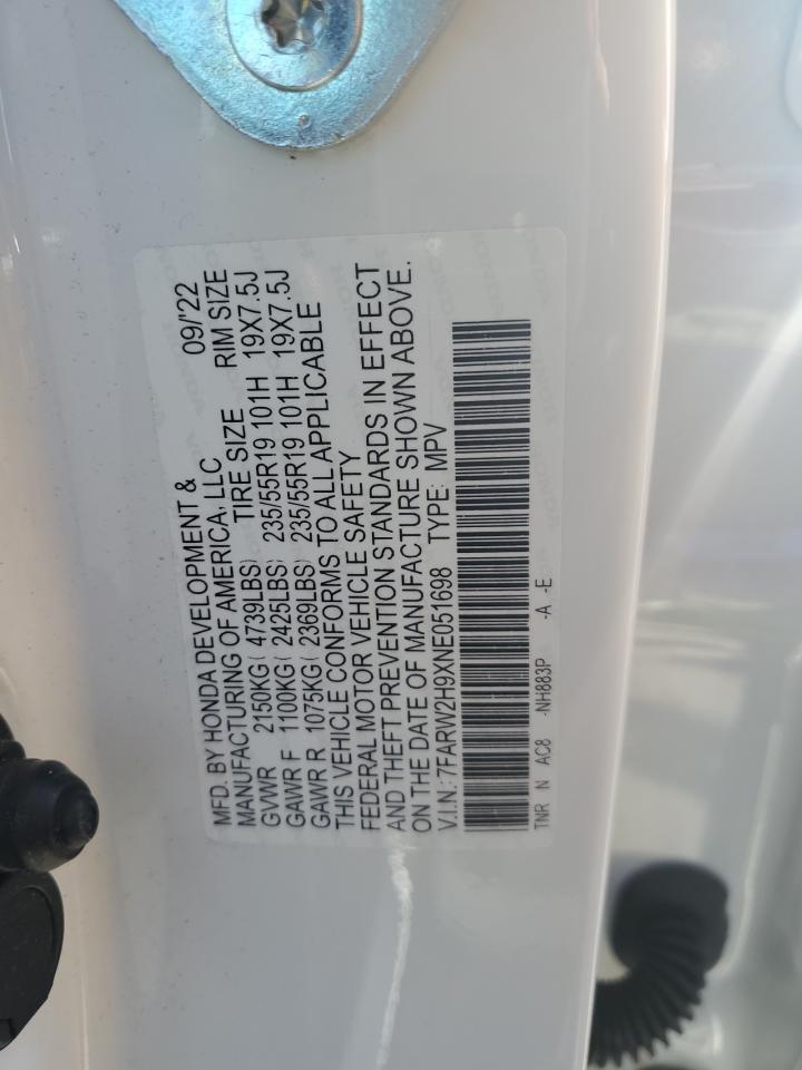 2022 HONDA CR-V TOURING VIN:7FARW2H9XNE051698