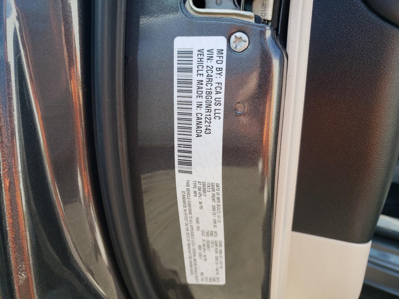 2022 CHRYSLER PACIFICA TOURING L VIN:2C4RC1BG0NR122143