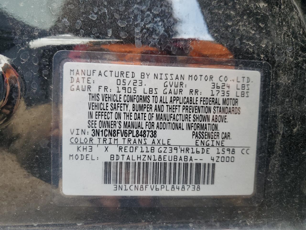 2023 NISSAN VERSA SR VIN:3N1CN8FV6PL848738