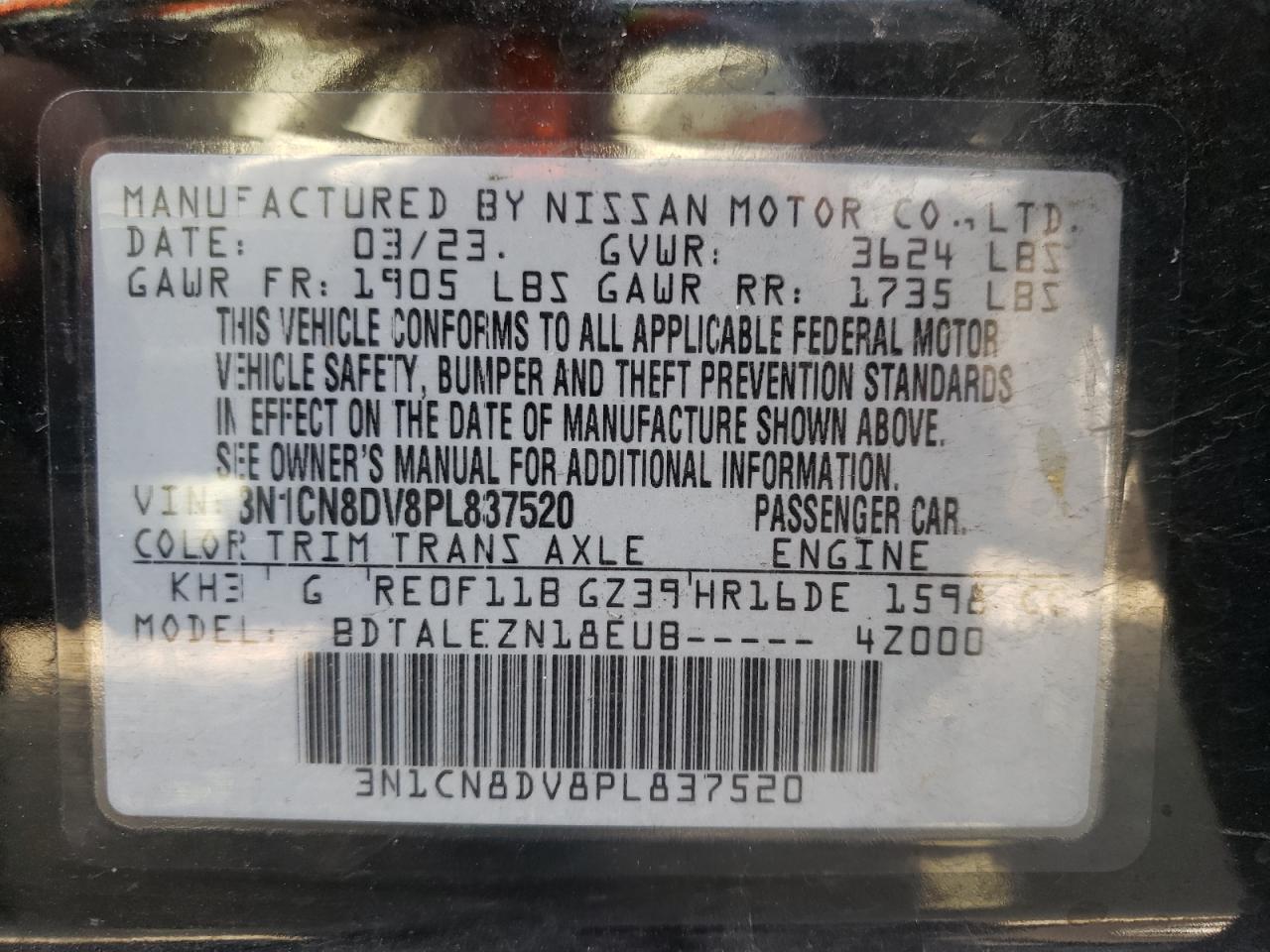 2023 NISSAN VERSA S VIN:3N1CN8DV8PL837520